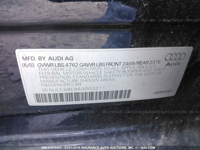 WAULC68E94A003211 - 2004 AUDI A4 1.8T QUATTRO BLUE photo 9