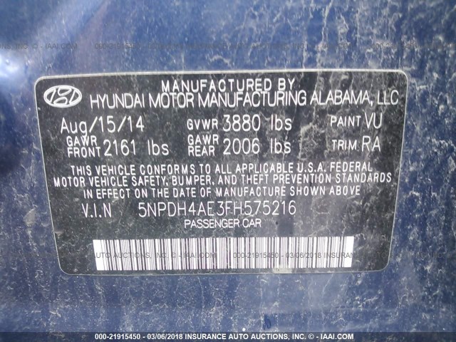 5NPDH4AE3FH575216 - 2015 HYUNDAI ELANTRA SE/SPORT/LIMITED BLUE photo 9