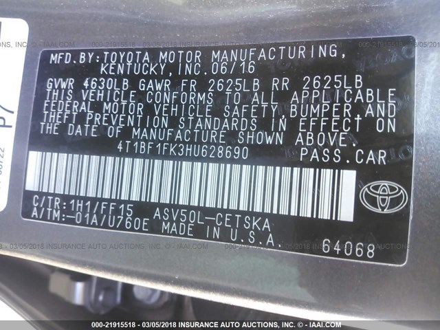 4T1BF1FK3HU628690 - 2017 TOYOTA CAMRY LE/XLE/SE/XSE GRAY photo 9
