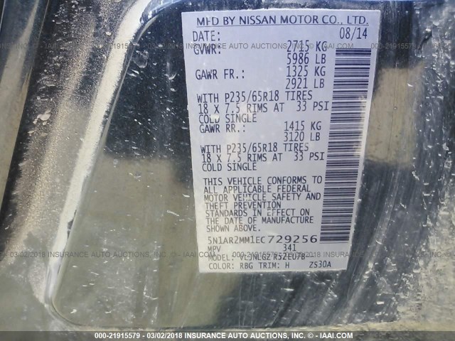 5N1AR2MM1EC729256 - 2014 NISSAN PATHFINDER S/SV/SL/PLATINUM 蓝色 照片 9