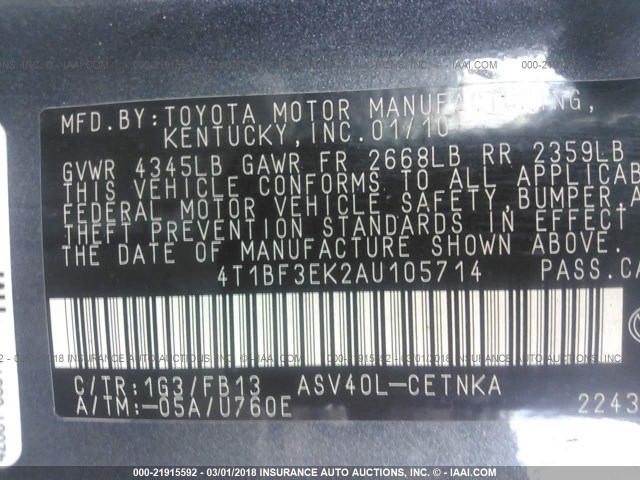 4T1BF3EK2AU105714 - 2010 TOYOTA CAMRY SE/LE/XLE GRAY photo 9