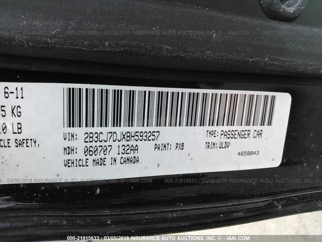 2B3CJ7DJXBH593257 - 2011 DODGE CHALLENGER SRT-8 黑色 照片 9