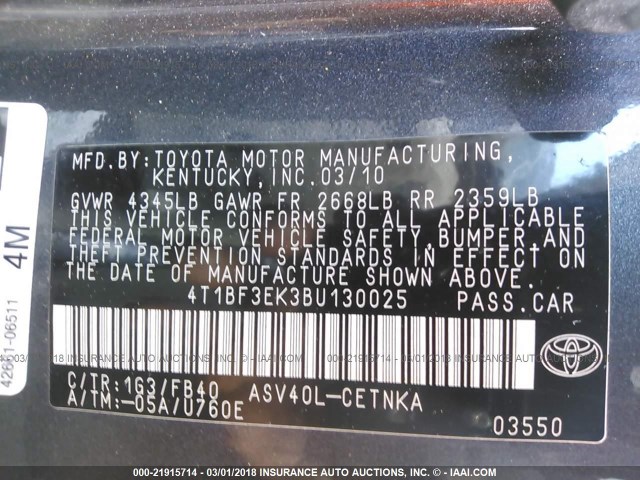 4T1BF3EK3BU130025 - 2011 TOYOTA CAMRY SE/LE/XLE GRAY photo 9