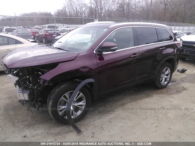 5TDKKRFH2FS052255 - 2015 TOYOTA HIGHLANDER XLE BURGUNDY photo 2