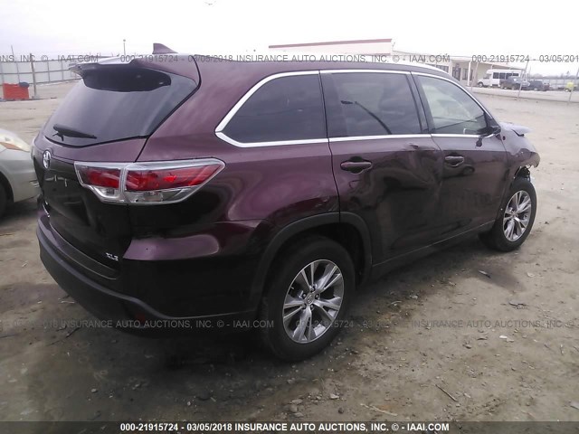 5TDKKRFH2FS052255 - 2015 TOYOTA HIGHLANDER XLE ბურგუნდია ფოტო 4