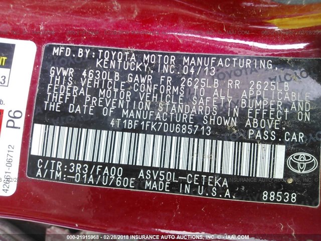 4T1BF1FK7DU685713 - 2013 TOYOTA CAMRY L/SE/LE/XLE RED photo 9