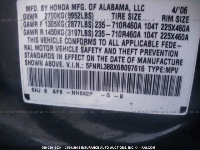 5FNRL388X6B097616 - 2006 HONDA ODYSSEY TOURING BLUE photo 9