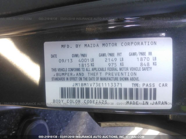 JM1BM1V73E1113371 - 2014 MAZDA 3 TOURING GRAY photo 9