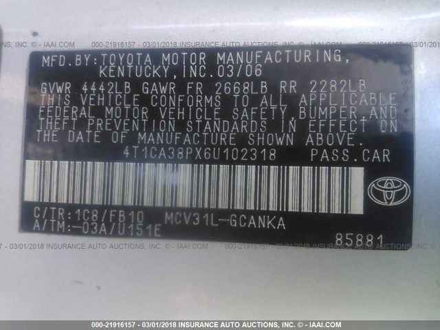 4T1CA38PX6U102318 - 2006 TOYOTA CAMRY SOLARA SE/SLE SILVER photo 9