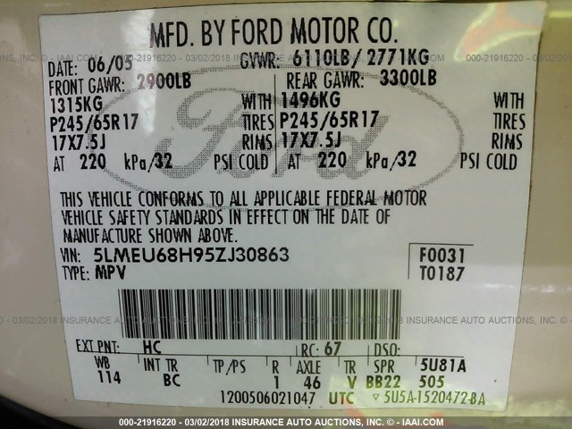 5LMEU68H95ZJ30863 - 2005 LINCOLN AVIATOR 奶油色 照片 9