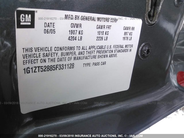 1G1ZT52885F331128 - 2005 CHEVROLET MALIBU LS GRAY photo 9