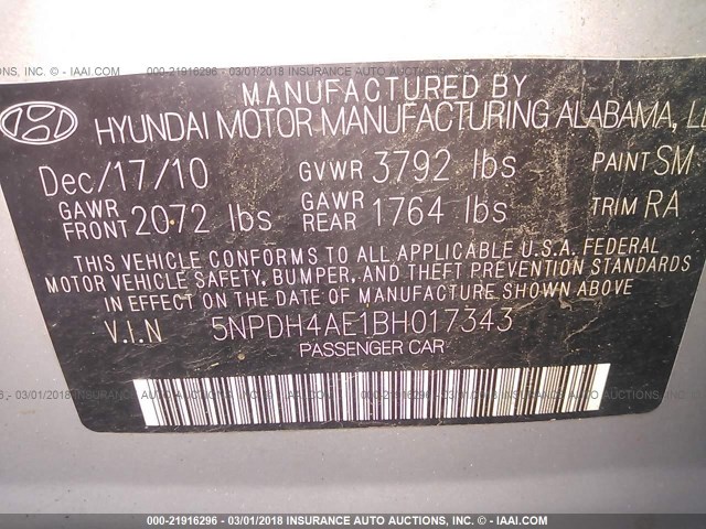 5NPDH4AE1BH017343 - 2011 HYUNDAI ELANTRA GLS/LIMITED SILVER photo 9