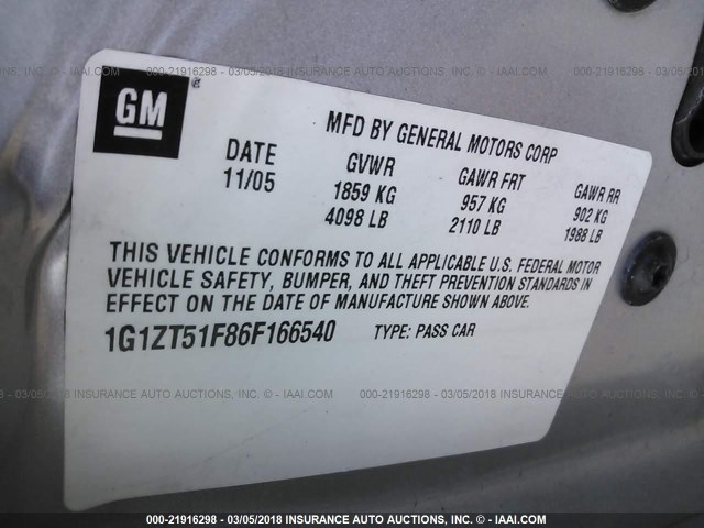 1G1ZT51F86F166540 - 2006 CHEVROLET MALIBU LT SILVER photo 9