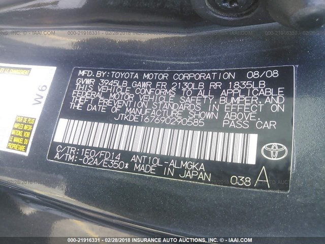 JTKDE167690290585 - 2009 TOYOTA SCION TC GRAY photo 9