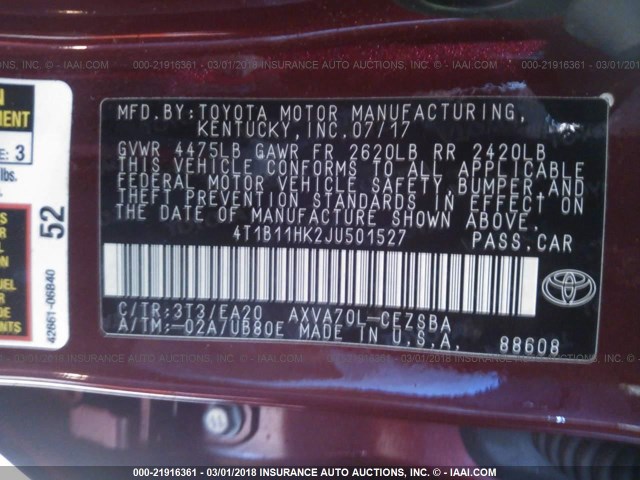4T1B11HK2JU501527 - 2018 TOYOTA CAMRY L/LE/XLE/SE/XSE RED photo 9
