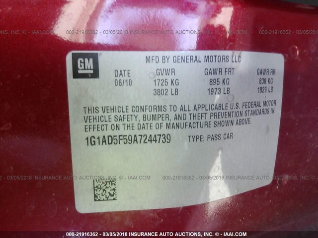 1G1AD5F59A7244739 - 2010 CHEVROLET COBALT 1LT RED photo 9