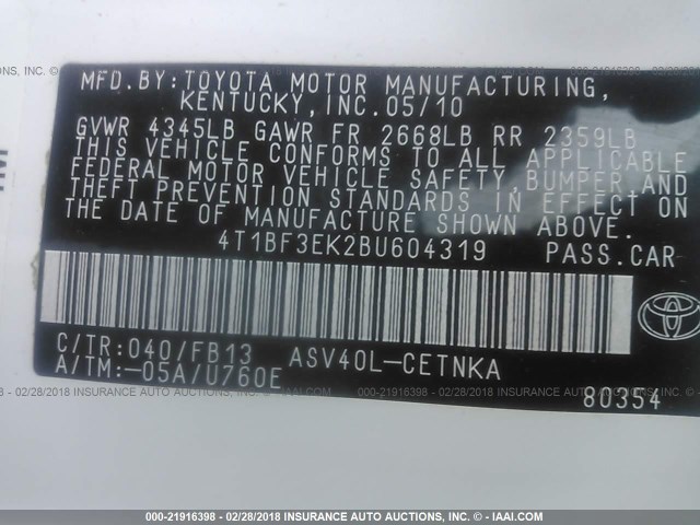 4T1BF3EK2BU604319 - 2011 TOYOTA CAMRY SE/LE/XLE WHITE photo 9