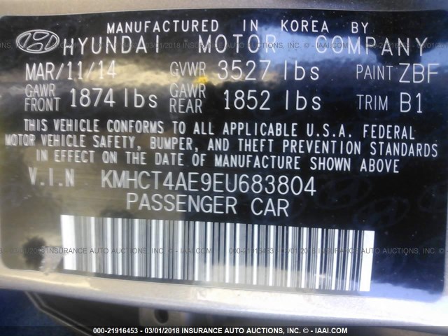 KMHCT4AE9EU683804 - 2014 HYUNDAI ACCENT GLS/GS GRAY photo 9