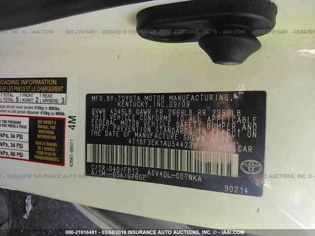 4T1BF3EK1AU544239 - 2010 TOYOTA CAMRY SE/LE/XLE WHITE photo 9