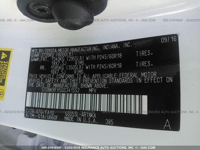 5TDBKRFH5GS341552 - 2016 TOYOTA HIGHLANDER LE/LE PLUS WHITE photo 9