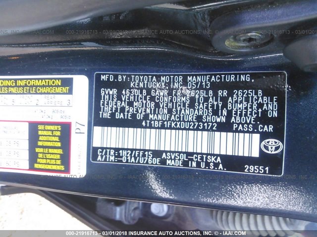 4T1BF1FKXDU273172 - 2013 TOYOTA CAMRY L/SE/LE/XLE 黑色 照片 9