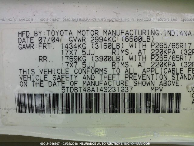 5TDBT48A14S231237 - 2004 TOYOTA SEQUOIA LIMITED WHITE photo 9