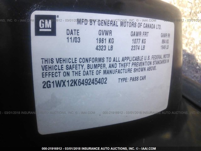 2G1WX12K649245402 - 2004 CHEVROLET MONTE CARLO SS 黑色 照片 9