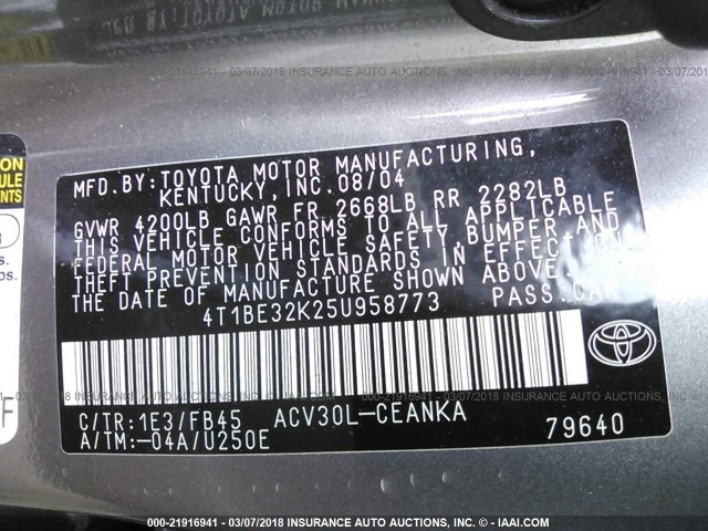 4T1BE32K25U958773 - 2005 TOYOTA CAMRY LE/XLE/SE 灰色 照片 9