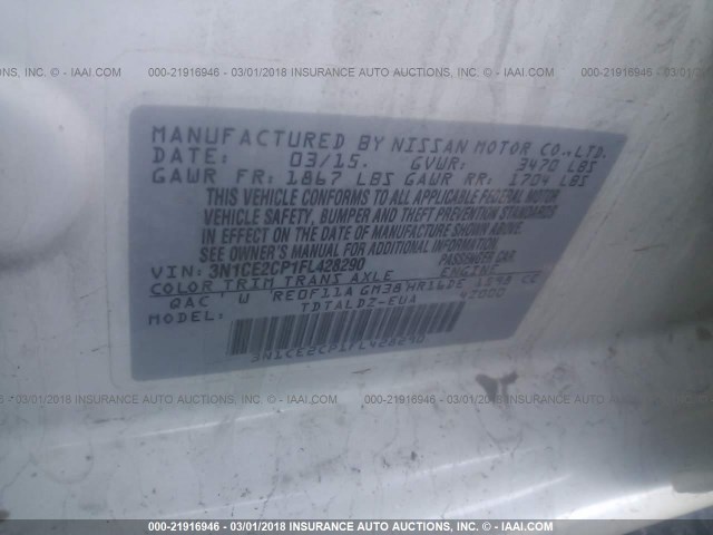 3N1CE2CP1FL428290 - 2015 NISSAN VERSA NOTE S/S PLUS/SV/SL/SR WHITE photo 9