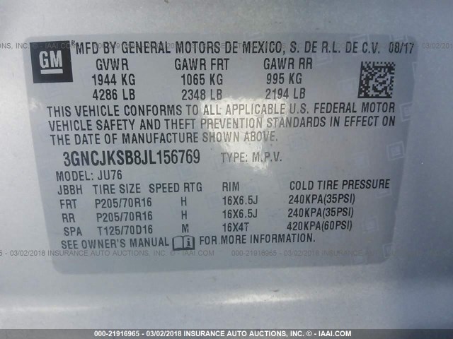 3GNCJKSB8JL156769 - 2018 CHEVROLET TRAX LS SILVER photo 9