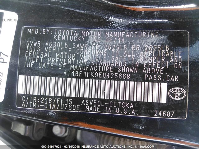 4T1BF1FK9EU425668 - 2014 TOYOTA CAMRY L/SE/LE/XLE 黑色 照片 9