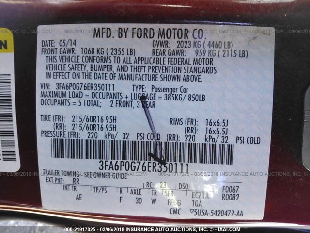 3FA6P0G76ER350111 - 2014 FORD FUSION S RED photo 9