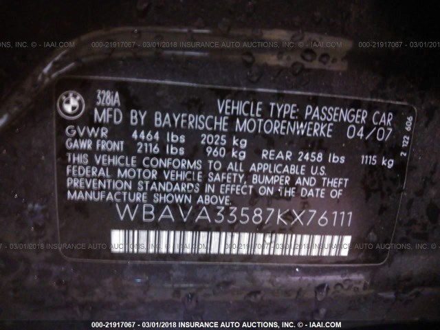 WBAVA33587KX76111 - 2007 BMW 328 I GRAY photo 9