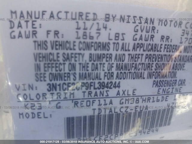 3N1CE2CP9FL394244 - 2015 NISSAN VERSA NOTE S/S PLUS/SV/SL/SR SILVER photo 9