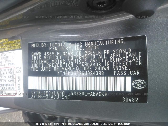 4T1BK36B36U094398 - 2006 TOYOTA AVALON XL/XLS/TOURING/LIMITED GRAY photo 9