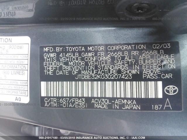 JTDBE32K030207423 - 2003 TOYOTA CAMRY LE/XLE Կանաչ լուսանկար 9
