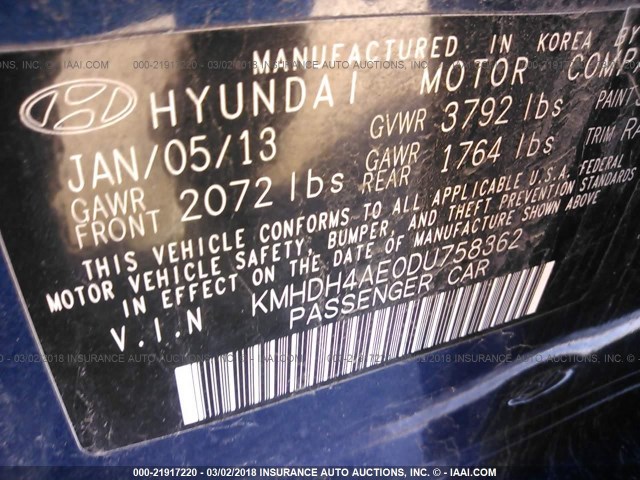 KMHDH4AE0DU758362 - 2013 HYUNDAI ELANTRA GLS/LIMITED BLUE photo 9