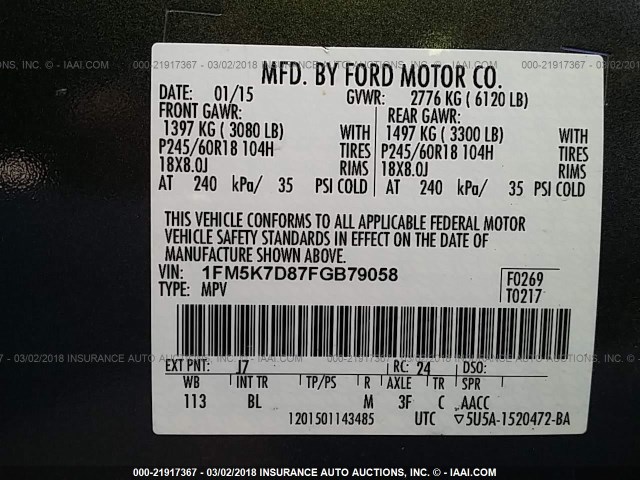 1FM5K7D87FGB79058 - 2015 FORD EXPLORER XLT GRAY photo 9