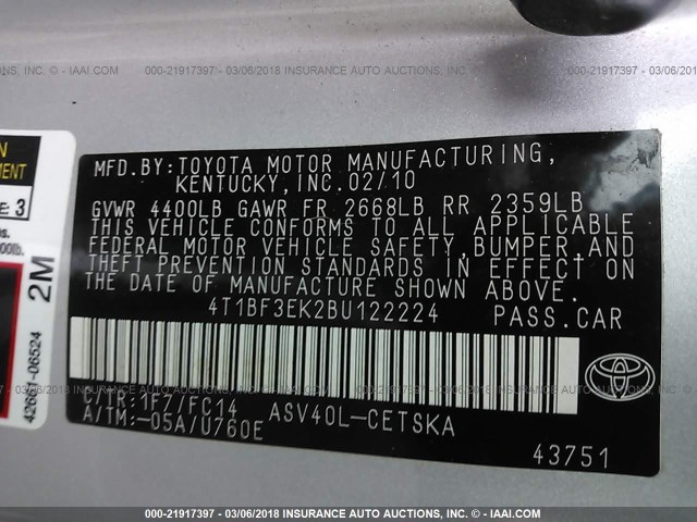 4T1BF3EK2BU122224 - 2011 TOYOTA CAMRY SE/LE/XLE SILVER photo 9