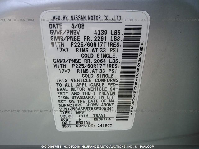 JN8AS58T58W305341 - 2008 NISSAN ROGUE S/SL SILVER photo 9