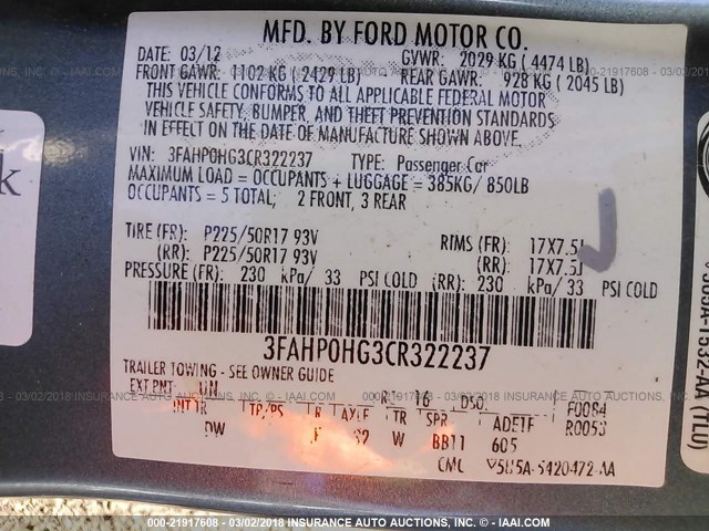 3FAHP0HG3CR322237 - 2012 FORD FUSION SE BLUE photo 9