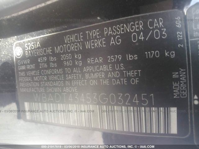 WBADT43453G032451 - 2003 BMW 525 I AUTOMATIC 黑色 照片 9