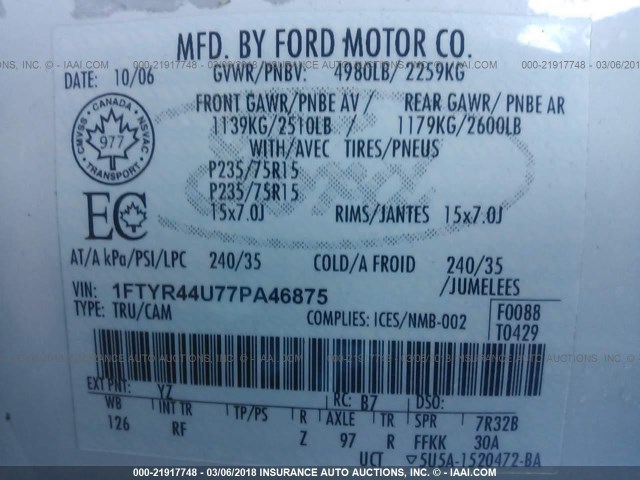 1FTYR44U77PA46875 - 2007 FORD RANGER SUPER CAB WHITE photo 9