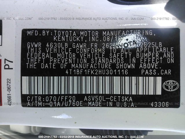 4T1BF1FK2HU301116 - 2017 TOYOTA CAMRY LE/XLE/SE/XSE WHITE photo 9