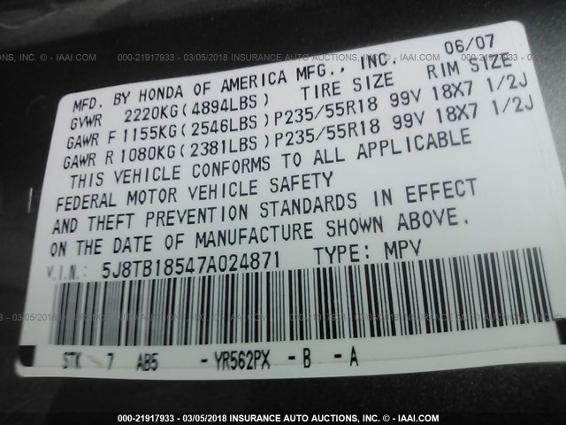 5J8TB18547A024871 - 2007 ACURA RDX TECHNOLOGY GRAY photo 9