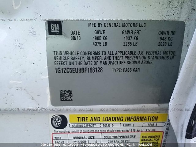 1G1ZC5EU8BF168128 - 2011 CHEVROLET MALIBU 1LT 浅蓝色 照片 9