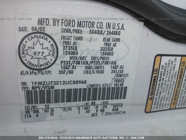 1FMZU73E12UC88968 - 2002 FORD EXPLORER XLT WHITE photo 9