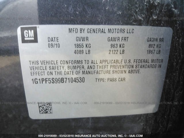 1G1PF5S99B7104530 - 2011 CHEVROLET CRUZE LT GRAY photo 9