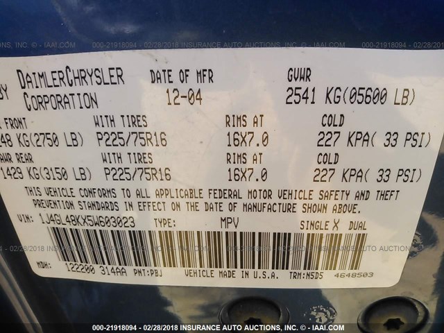 1J4GL48KX5W603023 - 2005 JEEP LIBERTY SPORT Mavi foto 9