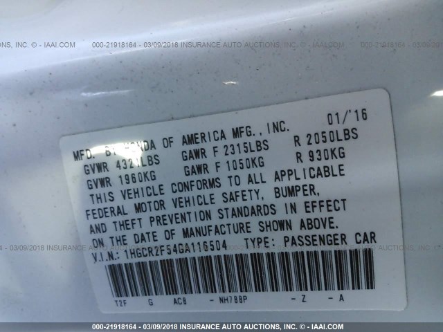 1HGCR2F54GA116504 - 2016 HONDA ACCORD SPORT 白色 照片 9